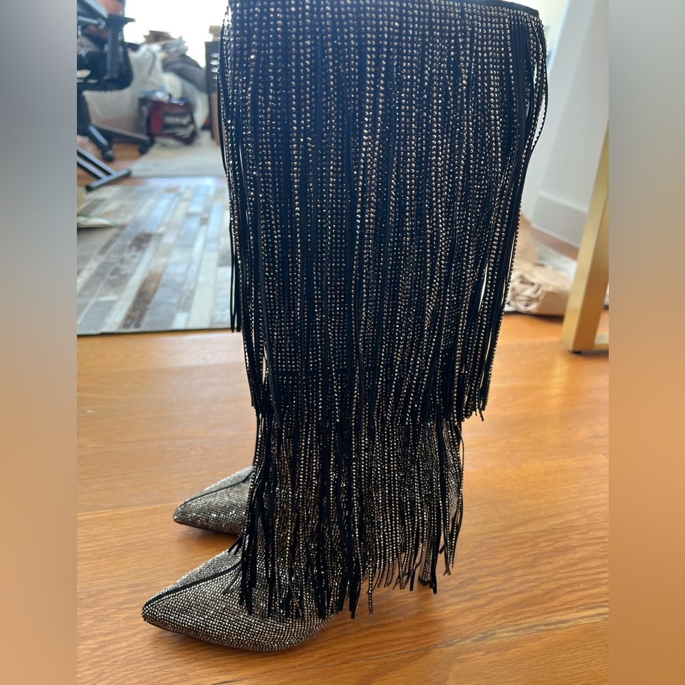 Knee-High Silver and Black Glitter Fringe INC Boots
